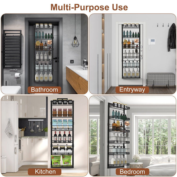 10LBS Loading 6 - Tier Over the Door Pantry Organizer, Large Metal Door Spice Rack, Hanging Heavy - Duty Pantry Door Storage Shelf Easy Install Behind Door Storagefor Kitchen and Bathroom, Black - US Stores