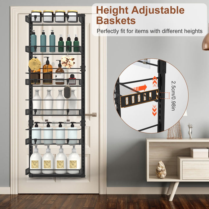 10LBS Loading 6 - Tier Over the Door Pantry Organizer, Large Metal Door Spice Rack, Hanging Heavy - Duty Pantry Door Storage Shelf Easy Install Behind Door Storagefor Kitchen and Bathroom, Black - US Stores