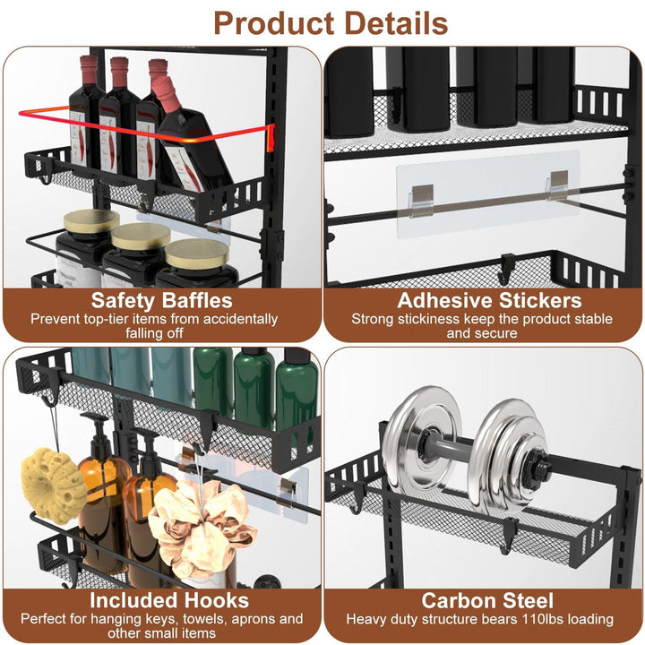 10LBS Loading 6 - Tier Over the Door Pantry Organizer, Large Metal Door Spice Rack, Hanging Heavy - Duty Pantry Door Storage Shelf Easy Install Behind Door Storagefor Kitchen and Bathroom, Black - US Stores