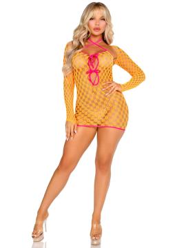 2 Pc Eyelet Net Mini Dress With Tie - Front Keyhole and Shrug O/s - Neon Orange - US Stores