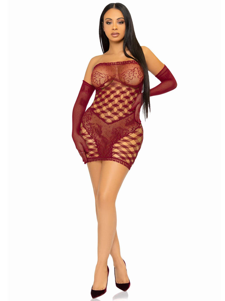 2 Pc Hardcore Net Tube Dress With Gloves - One Size - Burgundy - US Stores
