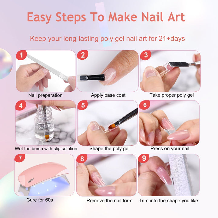 6 PCS Poly Gel Nail Kit with UV Lamp, Nail Brush and Nail Forms Top Base Coat Builder Nails Art Tools - US Stores