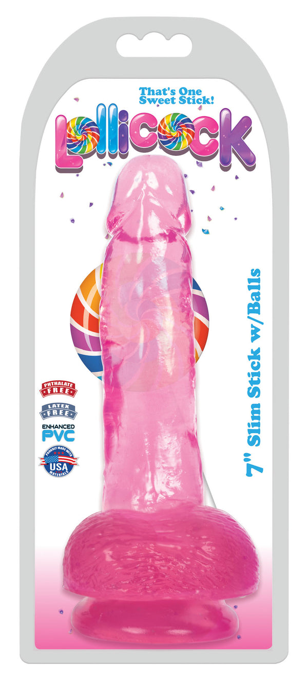 7 Inch Slim Stick with Balls Cherry Ice Dildo