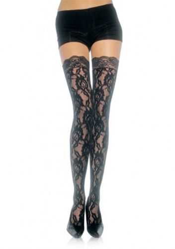 Lace Top Lace Thigh Highs - One Size - Black - US Stores