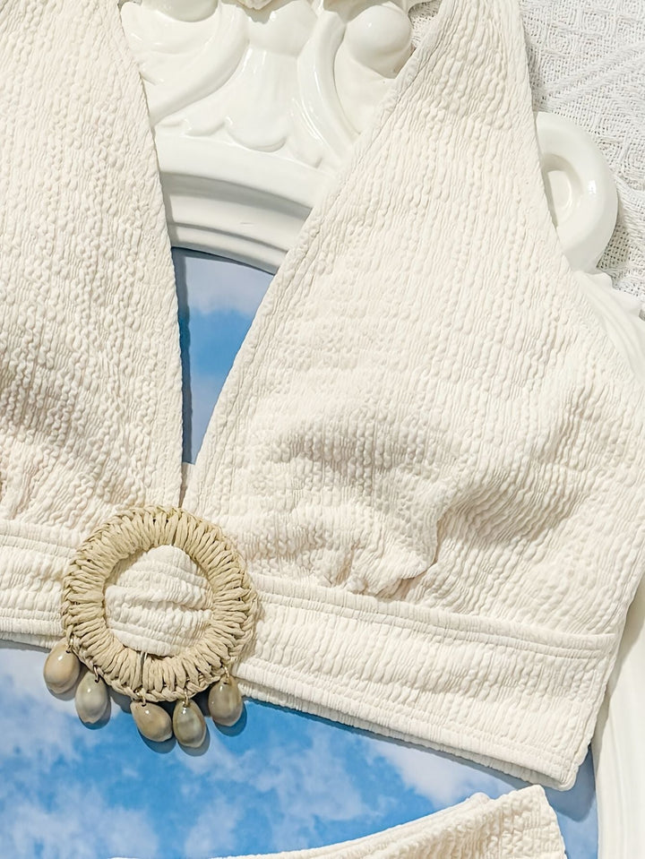 Ladies' white split beach bikini swimwear with shell embellishment, elegant and sexy - US Stores