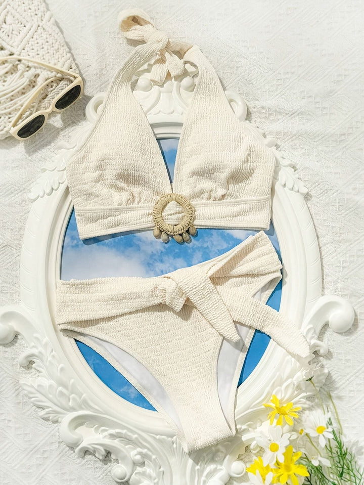 Ladies' white split beach bikini swimwear with shell embellishment, elegant and sexy - US Stores