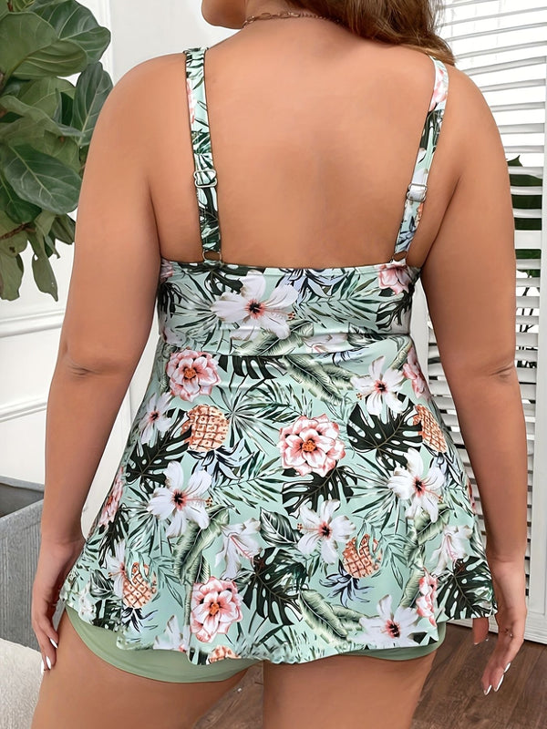 Large size women's swimsuit, green, fresh and fashionable split type Tankini swimsuit - US Stores