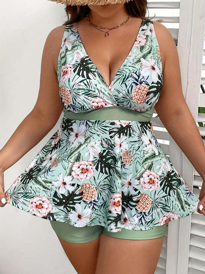 Large size women's swimsuit, green, fresh and fashionable split type Tankini swimsuit - US Stores