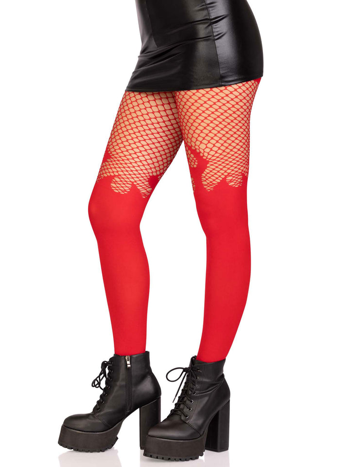 Opaque Flame Tights With Fishnet Top - One Size - Black - US Stores