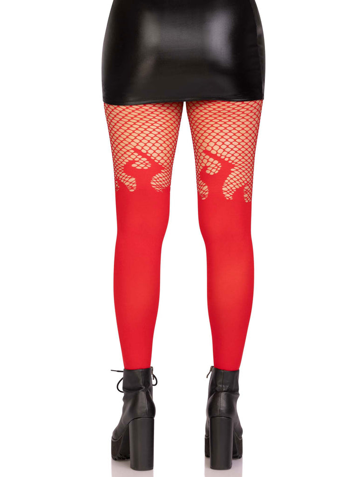 Opaque Flame Tights With Fishnet Top - One Size - Black - US Stores