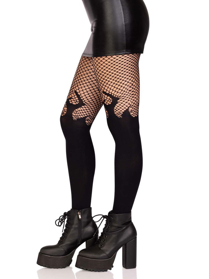 Opaque Flame Tights With Fishnet Top - One Size - Black - US Stores