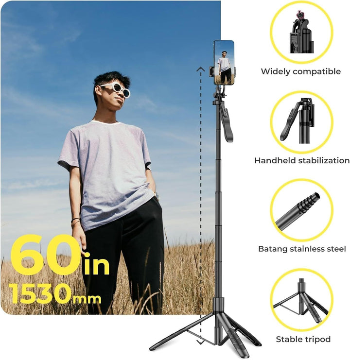 Phone Tripod 62" Selfie Stick for iPhone with Remote and 3W LED Light, Universal Mount, Phone Stand for Recording & Streaming, Tripod for iPhone & Android Phone & Gopro - US Stores