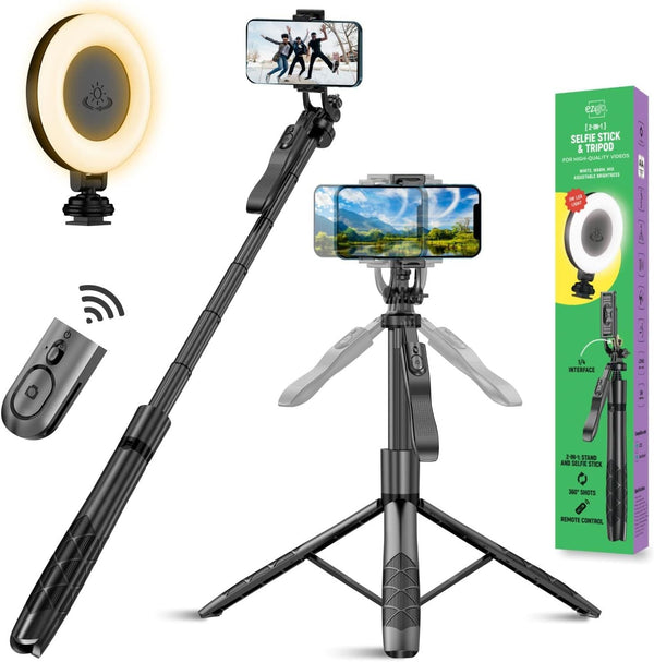 Phone Tripod 62" Selfie Stick for iPhone with Remote and 3W LED Light, Universal Mount, Phone Stand for Recording & Streaming, Tripod for iPhone & Android Phone & Gopro - US Stores