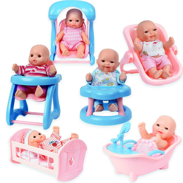 Set of 6 Mini Dolls With Cradle, High Chair, Walker, Bathtub, Swing, and Baby Seat