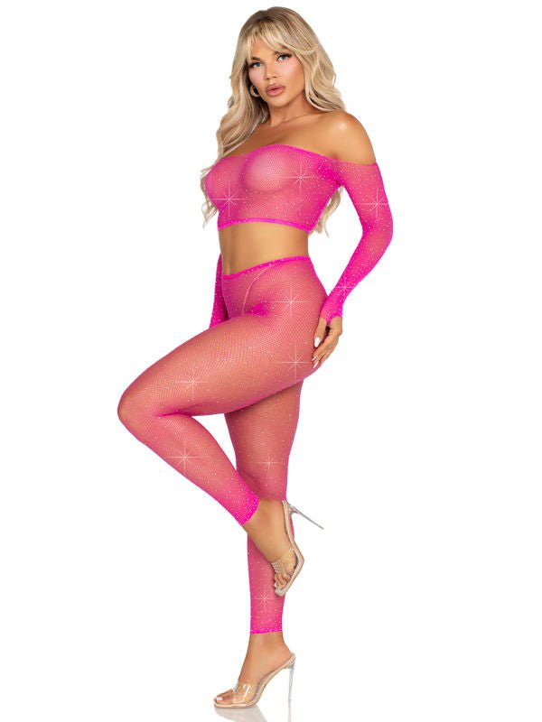 Rhinestone Fishnet Crop Top and Footless Tights O/s - Black - US Stores