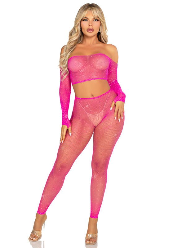 Rhinestone Fishnet Crop Top and Footless Tights O/s - Black - US Stores