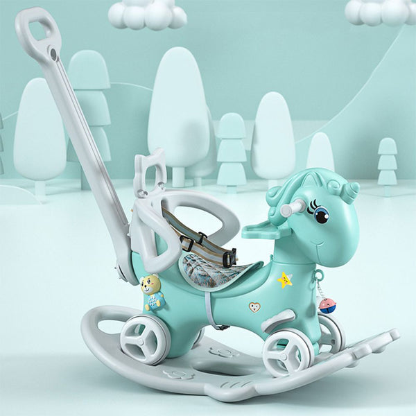 Rocking Horse for Toddlers, Balance Bike Ride On Toys with Push Handle, Backrest and Balance Board for Baby Girl and Boy, Unicorn Kids Blue color - US Stores