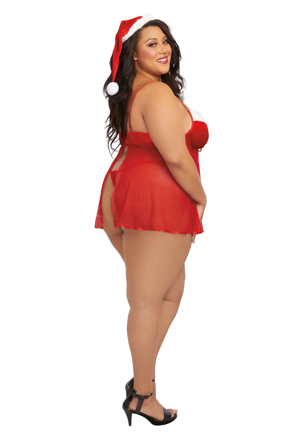 Santa Babydoll, Thong and Hat - 3x - Lipstick Red - US Stores