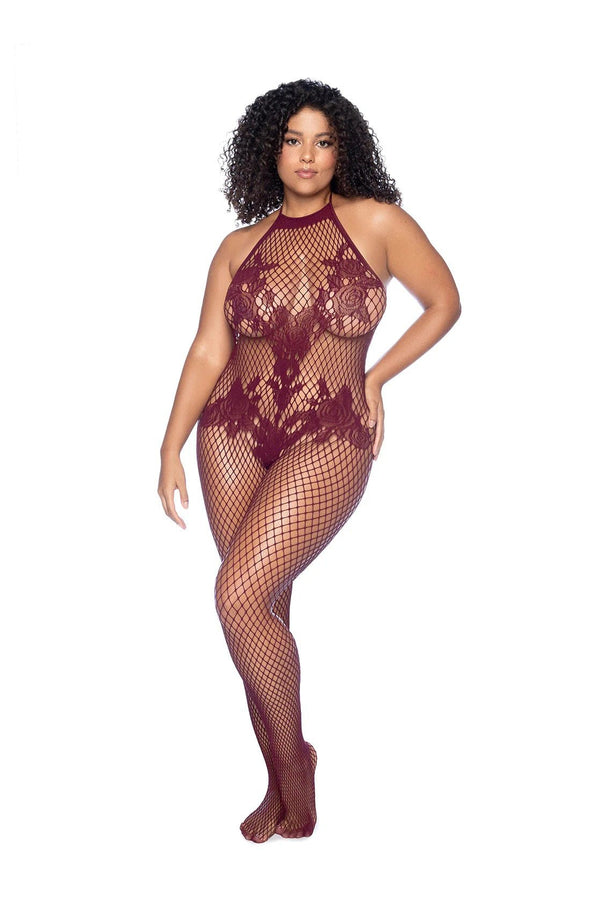 Vino Noir Floral Fishnet Bodystocking - X - Cherry - US Stores