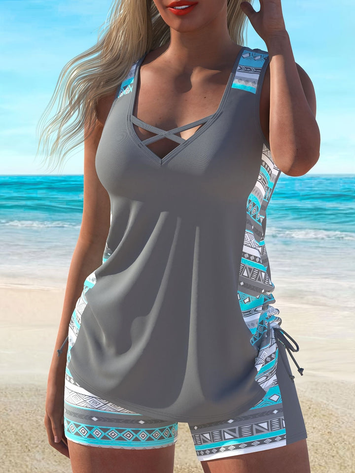 Women's Split Large Sport Conservative Style Wide Shoulder strap Tankini Swimsuit Set - US Stores